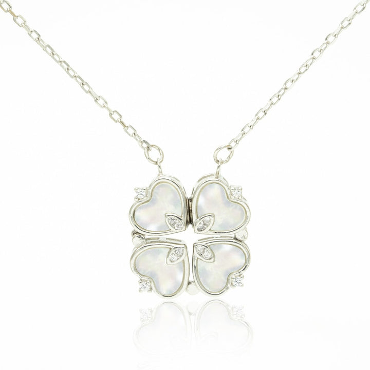 Sterling Silver Magnetic Shell Folding Four Leaf Clover Necklace